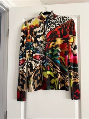 Akris Vibrant Multicolor Butterfly & Animal-Print Mock Neck Top